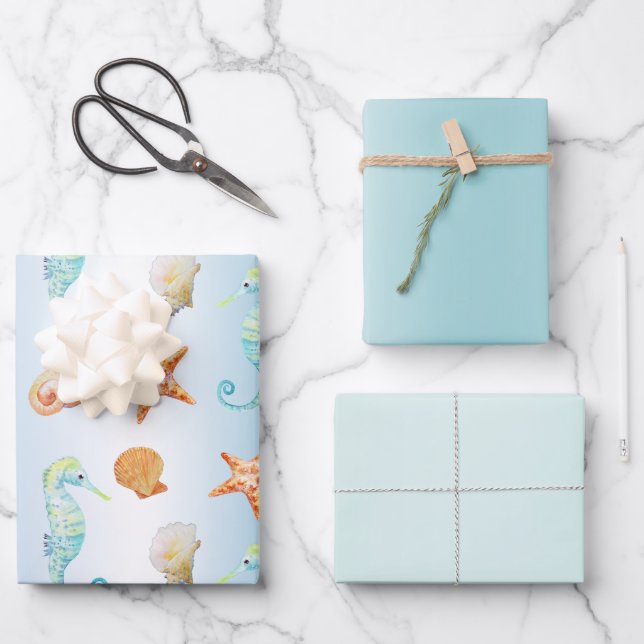 Hoja De Papel De Regalo Blue White Ombre Shells Seahorse Starfish (Anverso)