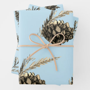 Hoja De Papel De Regalo Blue Winter Christmas Tree Pine Branch Cones