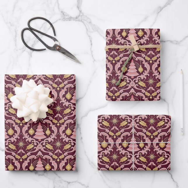Hoja De Papel De Regalo Blush Pink and Burgundy Baroque Christmas Pattern (Anverso)