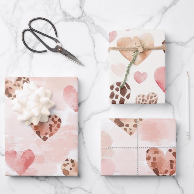 Hoja De Papel De Regalo Blush Pink Cream Leopard Hearts Birthday (Anverso)