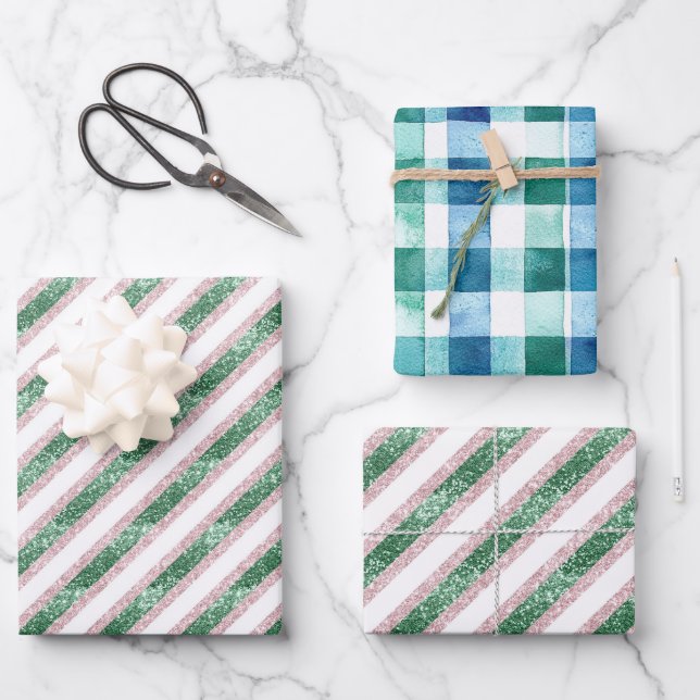 Hoja De Papel De Regalo Blush Pink Green Glitzy Stripes Christmas (Anverso)