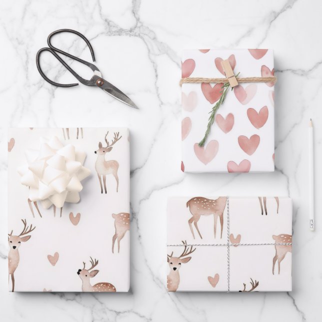 Hoja De Papel De Regalo Blush Pink Hearts Cream Deer Christmas (Anverso)