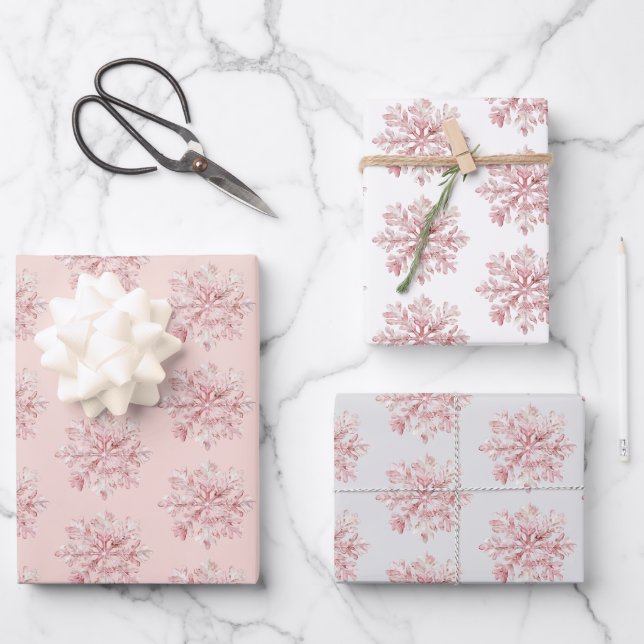 Hoja De Papel De Regalo Blush Pink White Snowflakes Christmas (Anverso)