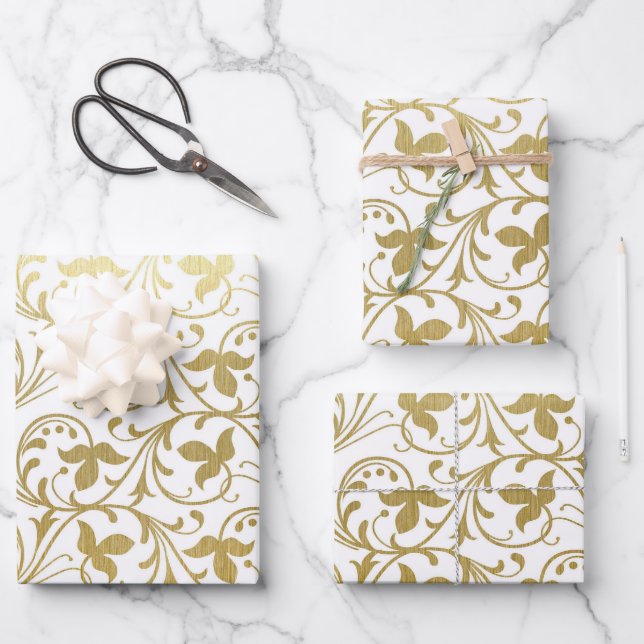 Hoja De Papel De Regalo Boda Clásica Patrón Floral de Damasco Dorado (Anverso)