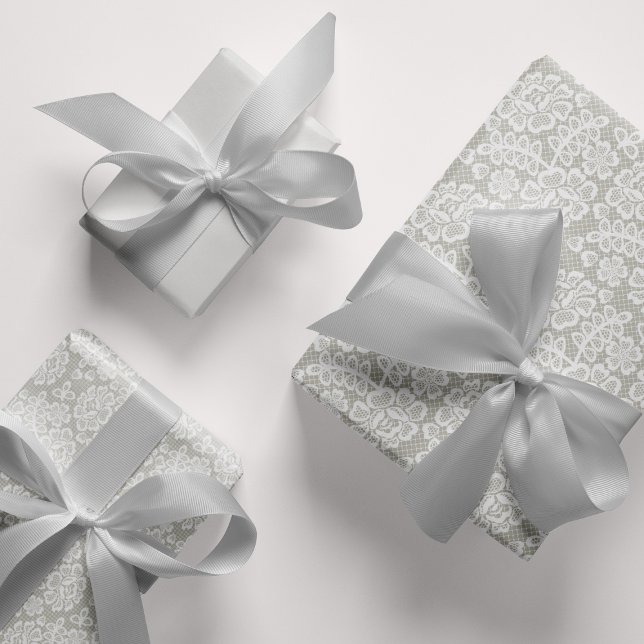 Hoja De Papel De Regalo Boda de encaje gris plateado (Silver Gray Lace Wedding Wrapping Paper Sheets)