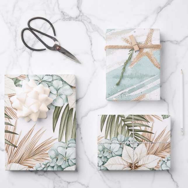 Hoja De Papel De Regalo Boda de Flores Blancas Tropicales Azules (Anverso)