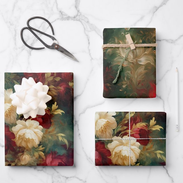 Hoja De Papel De Regalo Boda de Flores Blancas y Rojas Románticas Despedid (Anverso)