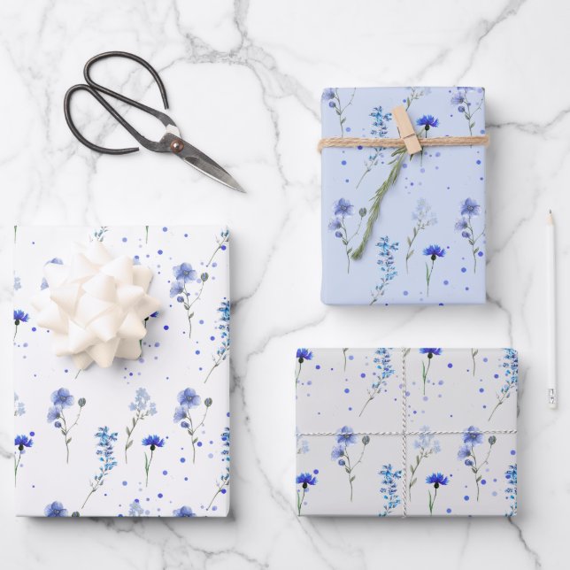 Hoja De Papel De Regalo Boda de flores silvestres azules de agua  (Anverso)