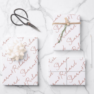 Hoja De Papel De Regalo Boda de nombres caligráficos de escritura terracot