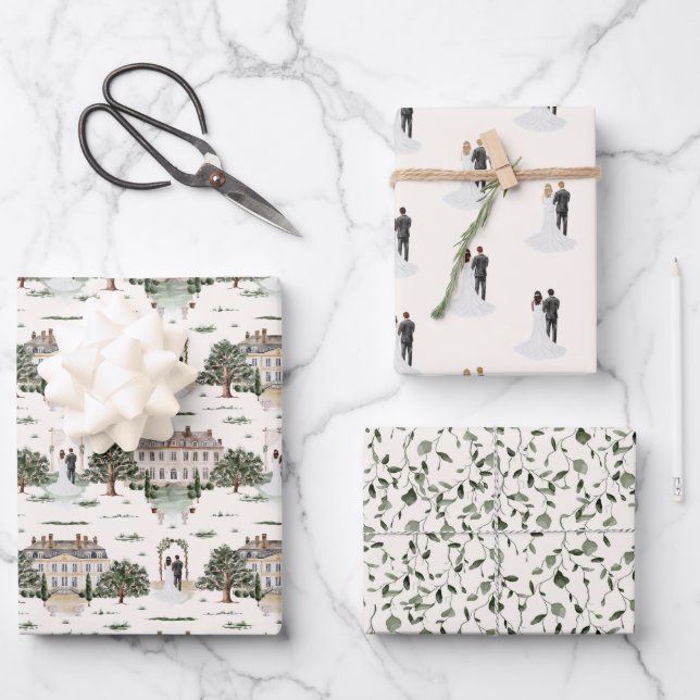 Hoja De Papel De Regalo Boda de patrón botánico acuarela (Anverso)