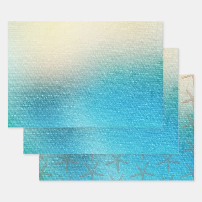 Hoja De Papel De Regalo Boda de Playa Estrella de Mar Azul Turquesa Blanco (Set)