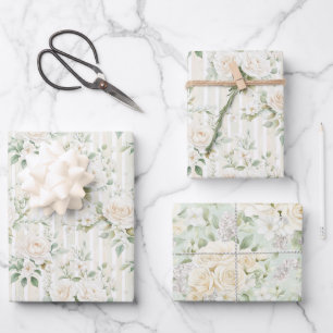 Hoja De Papel De Regalo Boda de rayas florales de rosas blancas con rubor 