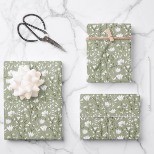 Hoja De Papel De Regalo Boda de Shower Nupcial Floral Verde Salvia y Blanc