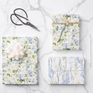 Hoja De Papel De Regalo Boda Floral Crema Azul