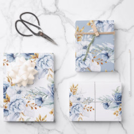 Hoja De Papel De Regalo Boda floral Dusty Blue Blue Gold