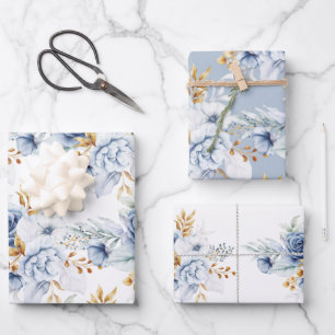 Hoja De Papel De Regalo Boda floral Dusty Blue Blue Gold