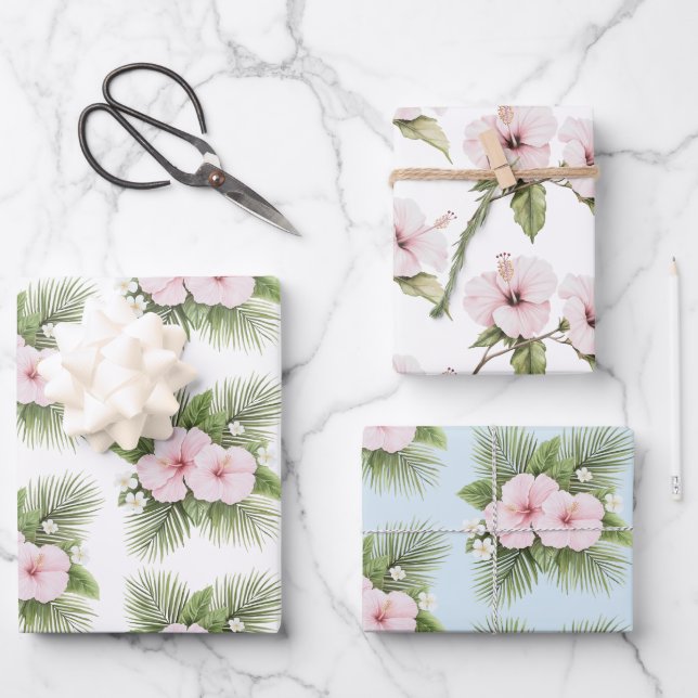Hoja De Papel De Regalo Boda floral rosa azul tropical Hibiscus (Anverso)
