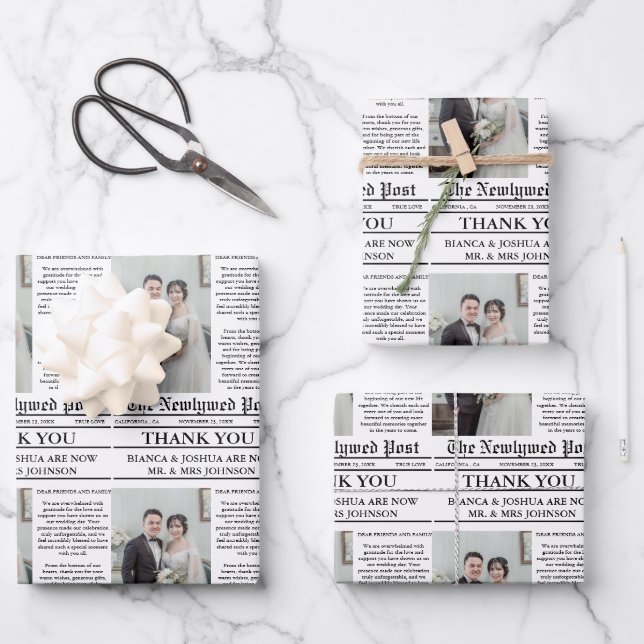 Hoja De Papel De Regalo Boda fotográfico único de periódico gracias (Anverso)