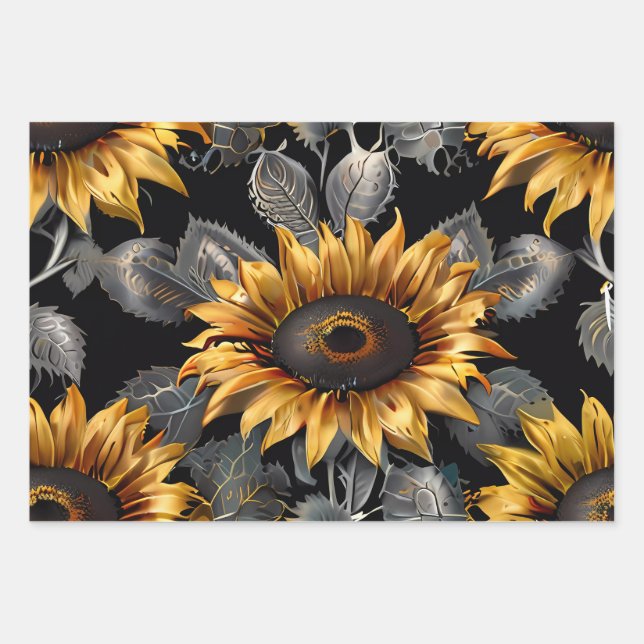 Hoja De Papel De Regalo Boda Gift Silver & Gold Sunflower (Anverso)