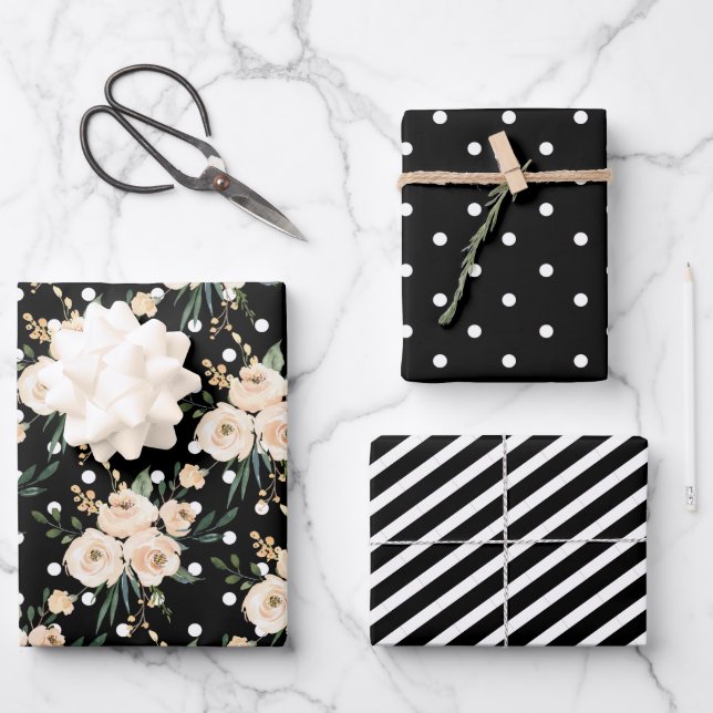 Hoja De Papel De Regalo Boda negro floral beige (Anverso)