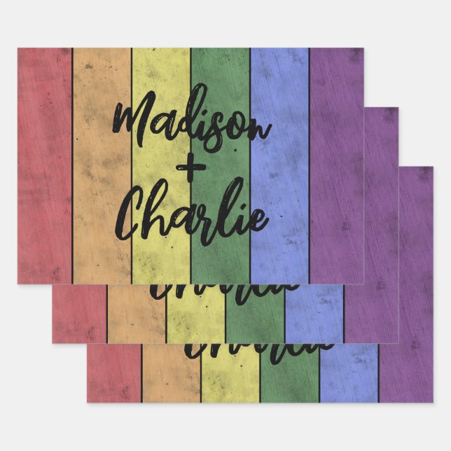 Hoja De Papel De Regalo Boda orgullo de la bandera LGBT Nombres personaliz (Set)