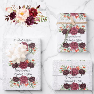 Hoja De Papel De Regalo Boda Rosas de Borgoña Personalizan Nombres 3 Damas