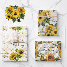 Hoja De Papel De Regalo Bodas girasoles y abejas añaden nombres 3 regalo