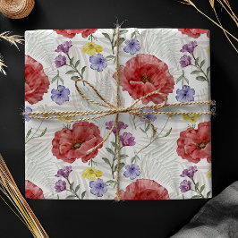Hoja De Papel De Regalo Boho Amapolas en Acuarela y Patrón de Flores Silve