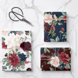 Hoja De Papel De Regalo Boho Bloom   Floral Rojo Burdeos y Azul Marino