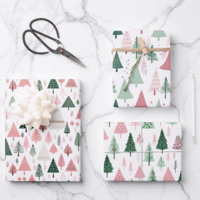 Hoja De Papel De Regalo Boho Green Rosa Whimsical Árboles navideños estaci (Anverso)