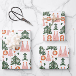 Hoja De Papel De Regalo Boho Naranja Rosa Verde Árboles de Navidad Rústico