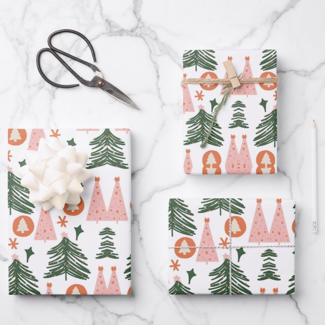 Hoja De Papel De Regalo Boho Naranja Rosa Verde Árboles de Navidad Rústico (Anverso)