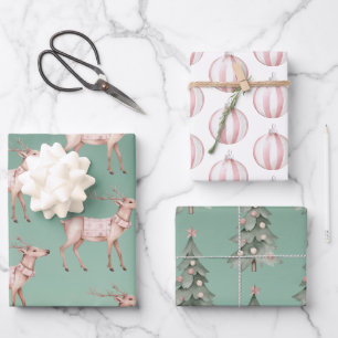 Hoja De Papel De Regalo Boho Navidades verdes rosados de ciervos
