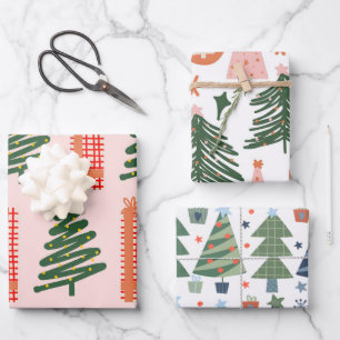 Hoja De Papel De Regalo Boho Pink Green Blue Christmas Tree Holiday