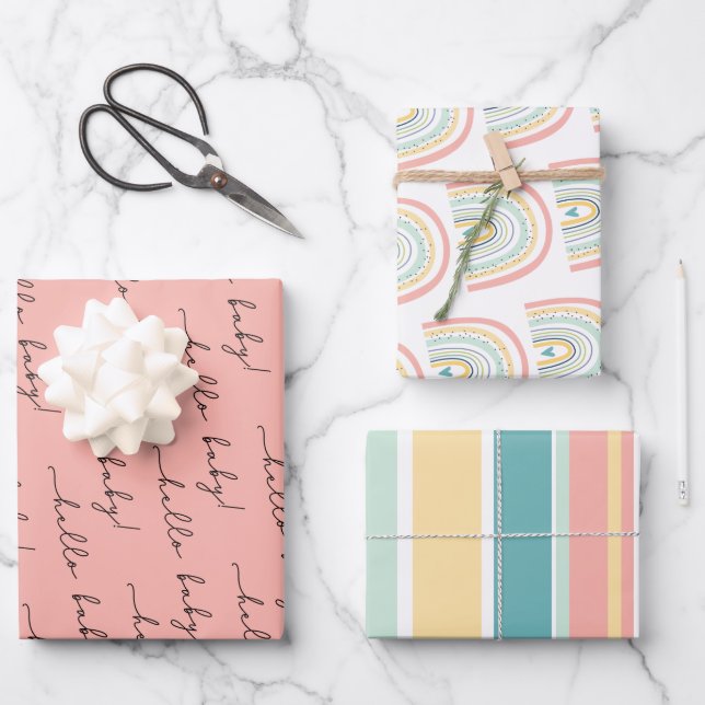 Hoja De Papel De Regalo Boho Rainbow Baby Gender Neutral "Hello Baby" Wrap (Anverso)