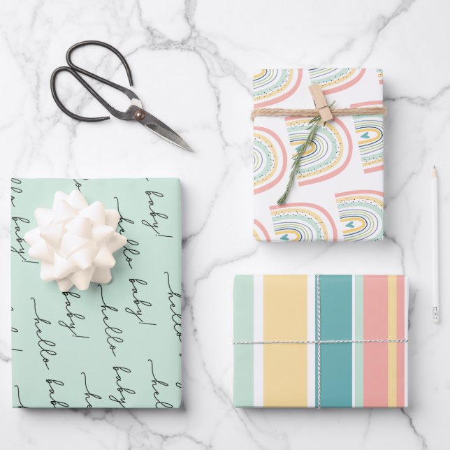 Hoja De Papel De Regalo Boho Rainbow Baby Gender Neutral "Hello Baby" Wrap (Anverso)