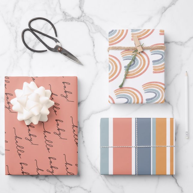 Hoja De Papel De Regalo Boho Rainbow Baby Gender Neutral "Hello Baby" Wrap (Anverso)