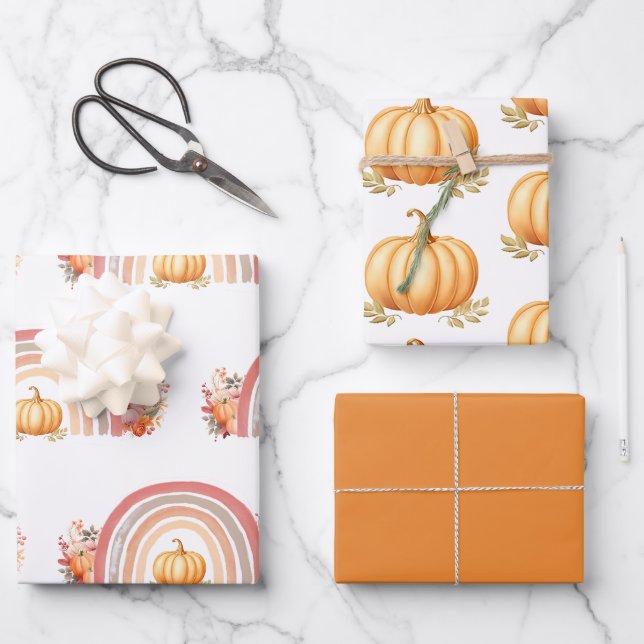 Hoja De Papel De Regalo Boho Rainbow Fall Pumpkin Baby Shower (Anverso)