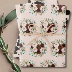 Hoja De Papel De Regalo Boho Silvestre Occidental Flores Turquesa Piedras