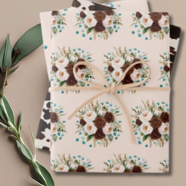 Hoja De Papel De Regalo Boho Silvestre Rústico Occidental Piedras Turquesa (Western Rustic Boho Wildflower Turquoise Stones Wrapping Paper Sheets)