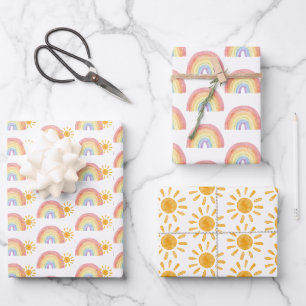 Hoja De Papel De Regalo Boho Watercolor Rainbow Sun