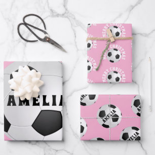 Hoja De Papel De Regalo Bolas de fútbol de fútbol rosa para niños Nombre N