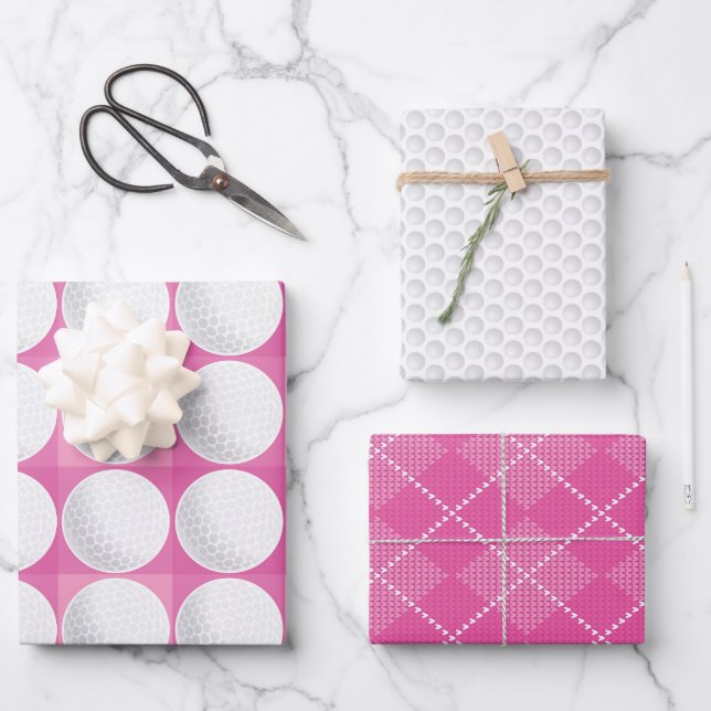 Hoja De Papel De Regalo Bolas de golf Pink Preppy Ladies Golfing Pladid Fu (Anverso)