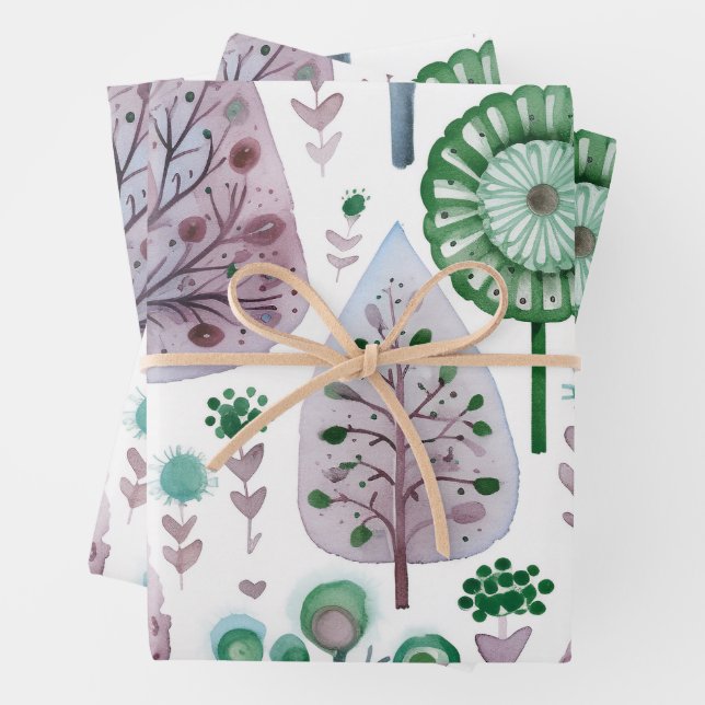 Hoja De Papel De Regalo Bonito acuarela Árbol de Navidad Verde púrpura (In situ)