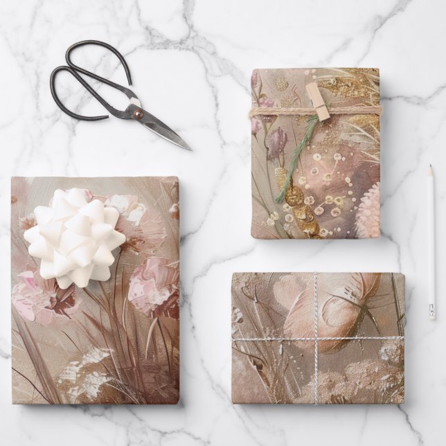 Hoja De Papel De Regalo Bonito Beige Rubor Boho Floral (Anverso)