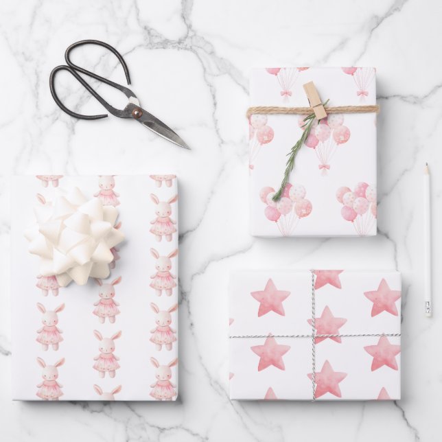 Hoja De Papel De Regalo Bonito conejito rosa, globos, estrellas (Anverso)