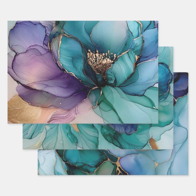 Hoja De Papel De Regalo Bonito floral azul acuático púrpura dorado (Set)