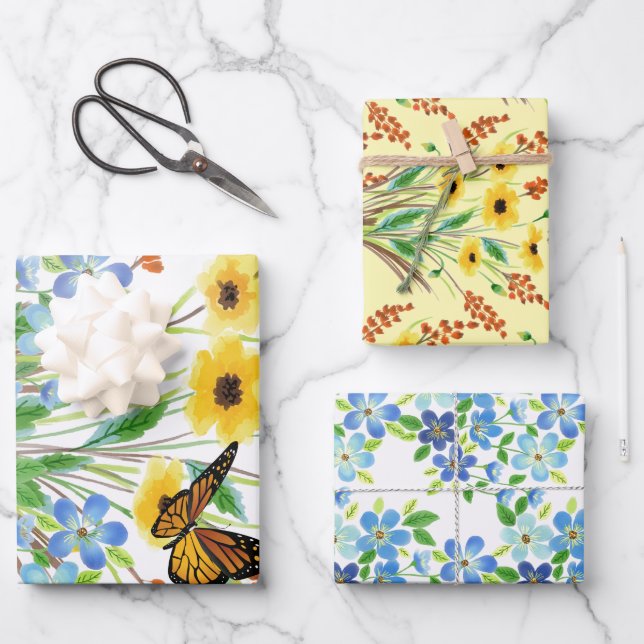 Hoja De Papel De Regalo Bonito Flores azules y amarillas (Anverso)