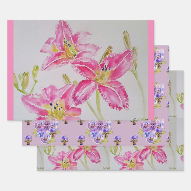 Hoja De Papel De Regalo Bonito Lily Rosa Flor Floral Lilies Acuarela (Set)