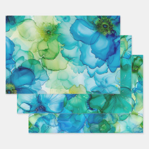 Hoja De Papel De Regalo Bonito Líquido `Flores de tinta líquida Azul y Ver